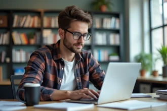 Jeune developpeur web concentré sur son ordinateur dans un bureau lumineux