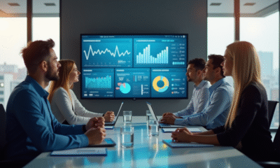 Équipe de professionnels collaborant autour d'une table moderne en analysant des données