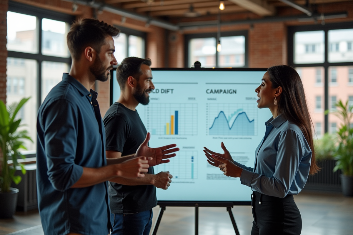 Groupe de trois spécialistes marketing en réunion collaborative