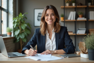 Femme d'affaires souriante dans un bureau moderne