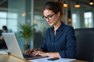 Femme en bureau moderne regardant son ordinateur portable