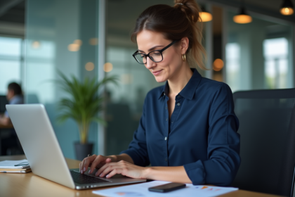 Femme en bureau moderne regardant son ordinateur portable