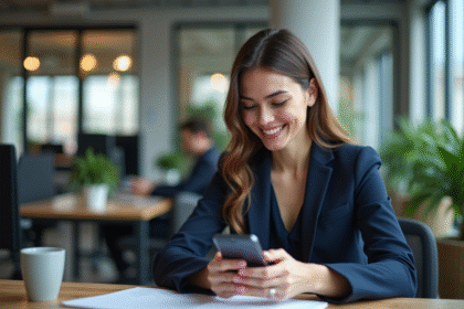 Femme d affaires souriante utilisant son smartphone dans un bureau moderne