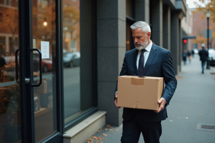 Homme d affaires avec carton devant une boutique fermée