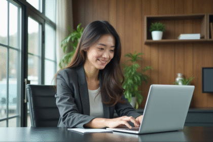 Jeune femme professionnelle en blazer travaillant sur son ordinateur