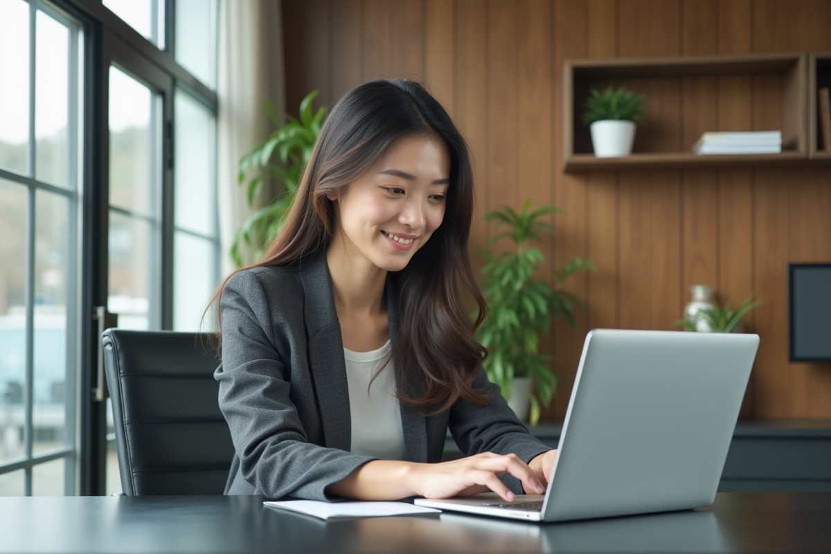 Jeune femme professionnelle en blazer travaillant sur son ordinateur