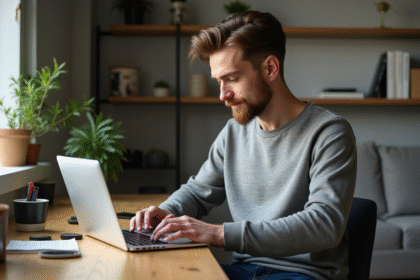 Jeune homme avec portefeuille crypto au bureau