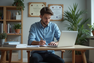 Jeune homme étudiant en sécurité informatique à son bureau