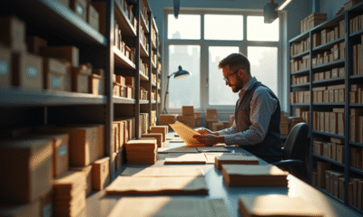 Archiviste professionnel dans une archive moderne examinant des documents