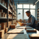 Archiviste professionnel dans une archive moderne examinant des documents