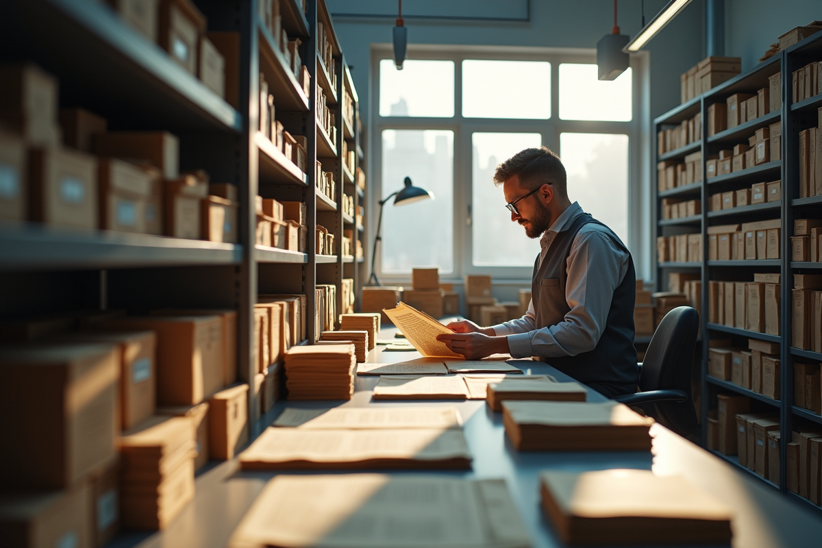 Archiviste professionnel dans une archive moderne examinant des documents