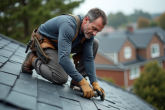 Artisan couvreur posant des ardoises sur un toit résidentiel
