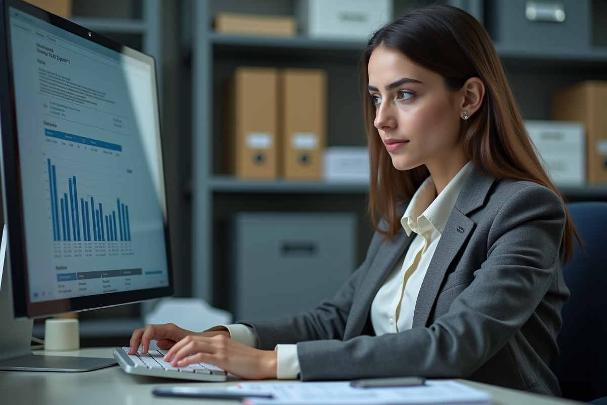 Jeune femme en blazer gris contrôlant des données financières sur un écran