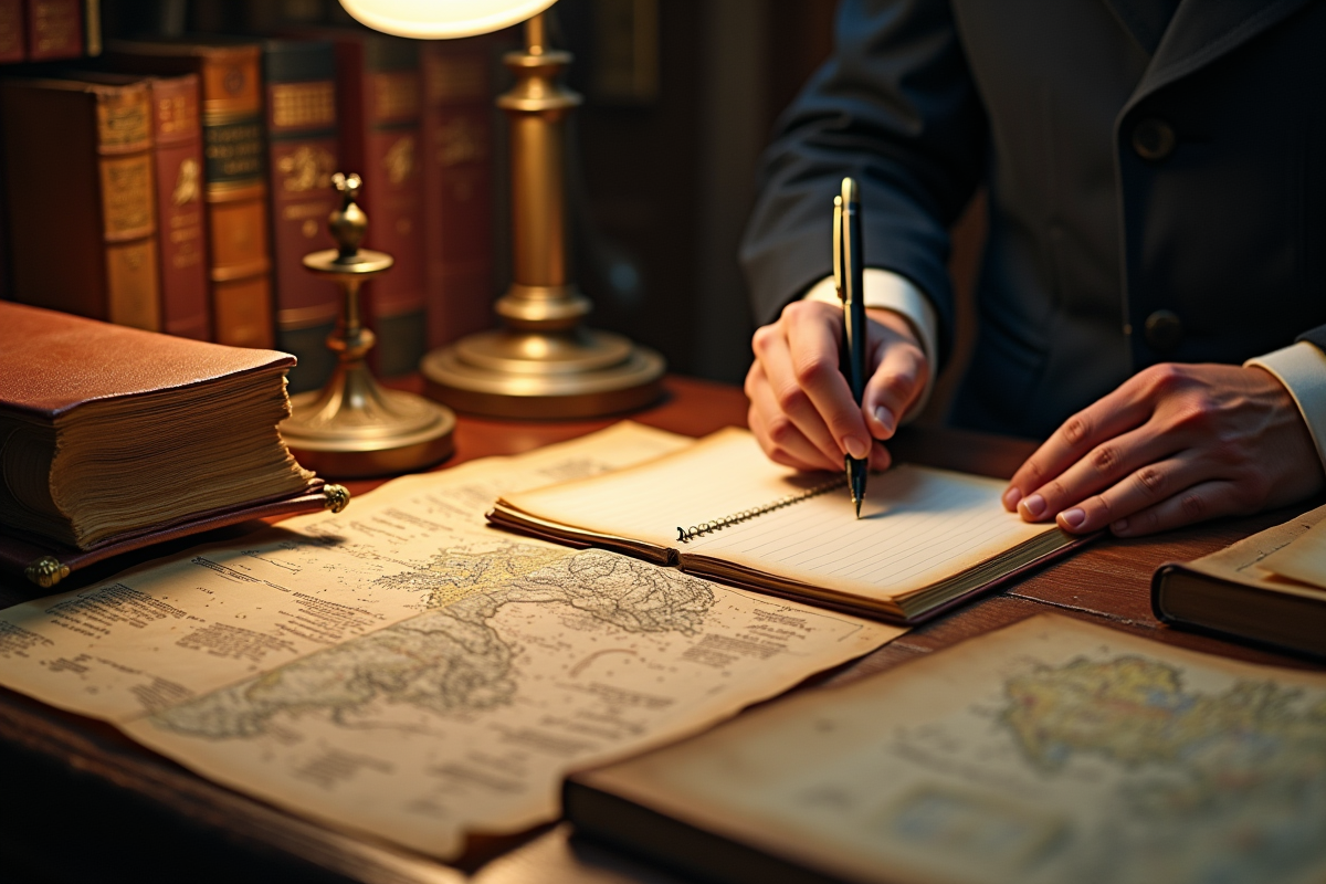Bureau d archives vintage avec cartes et livres anciens