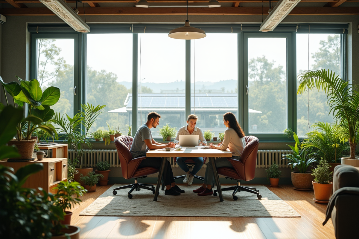 Espace de travail écologique avec plantes et panneaux solaires en intérieur lumineux