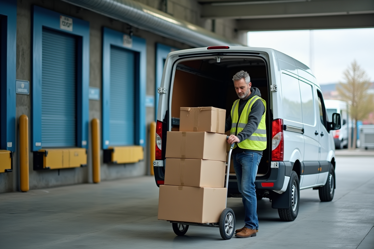 Livreur chargé de colis dans un centre logistique urbain