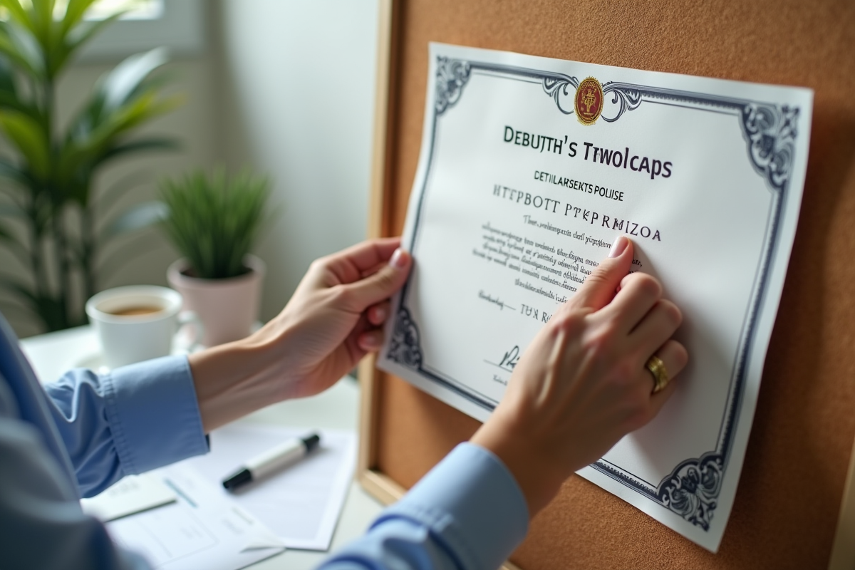 Main professionnelle collant un certificat officiel sur un tableau