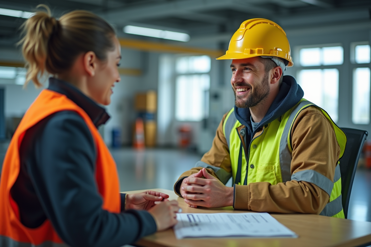 Employe souriant recevant des conseils en milieu industriel