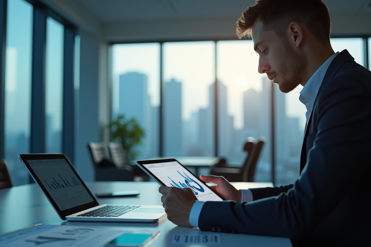 Consultant examinant des graphiques sur une tablette dans un espace moderne