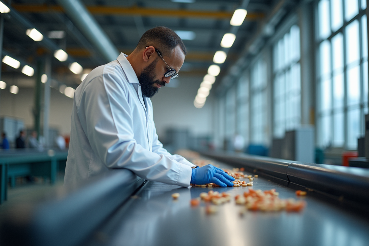 Inspecteur de qualité contrôlant produits sur chaîne moderne