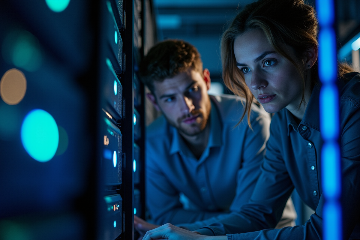 Deux étudiants en informatique réparant des serveurs dans une salle serveur