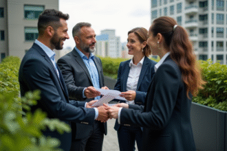 Groupe de professionnels en réunion sur un rooftop urbain