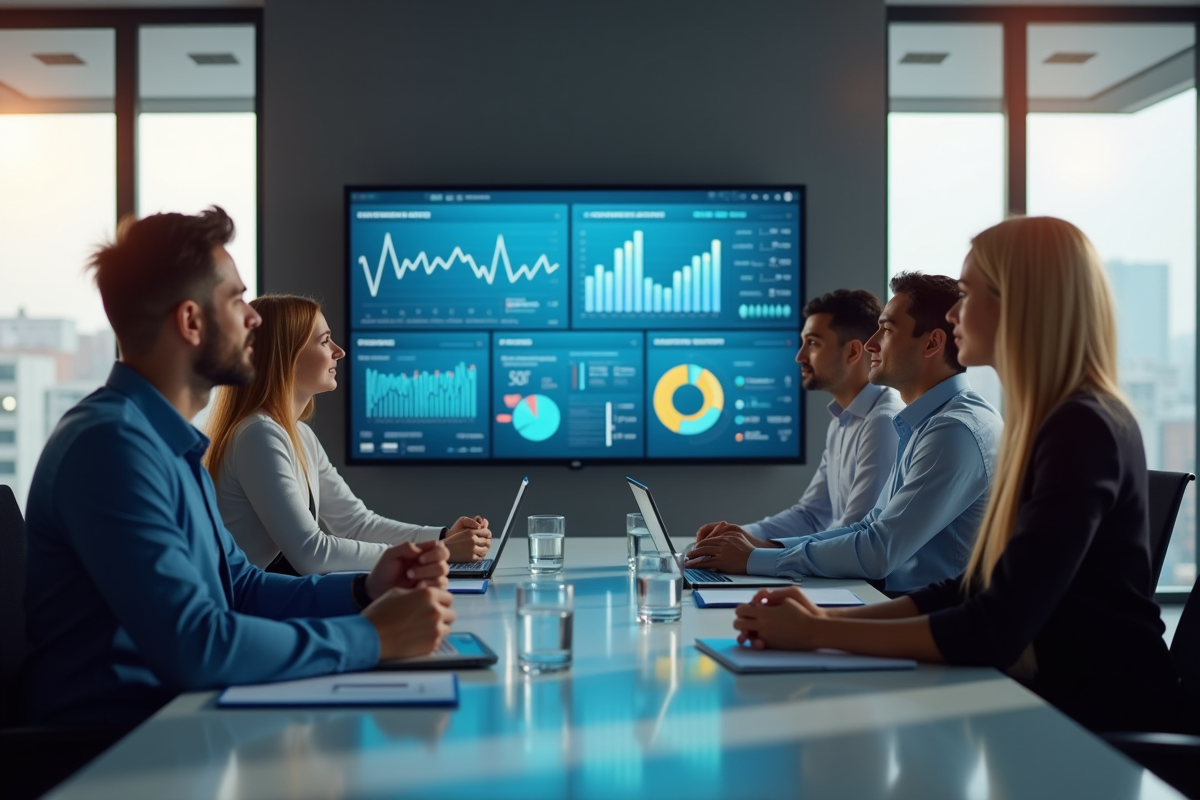 Équipe de professionnels collaborant autour d'une table moderne en analysant des données