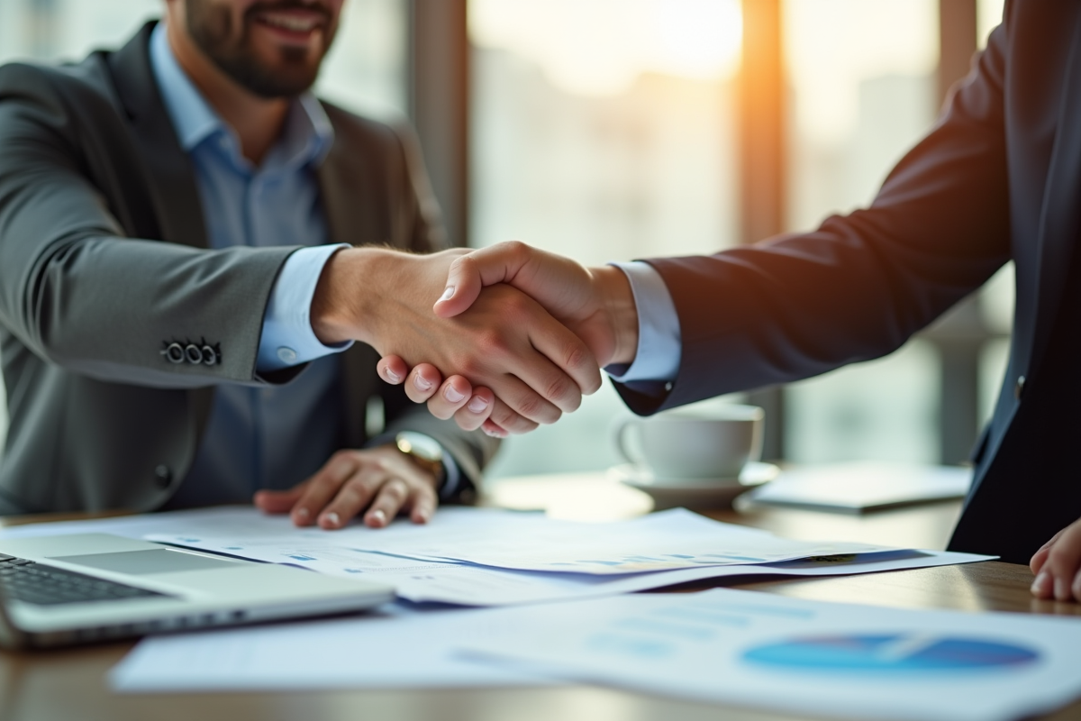 Deux professionnels serrant la main sur un contrat dans un bureau lumineux
