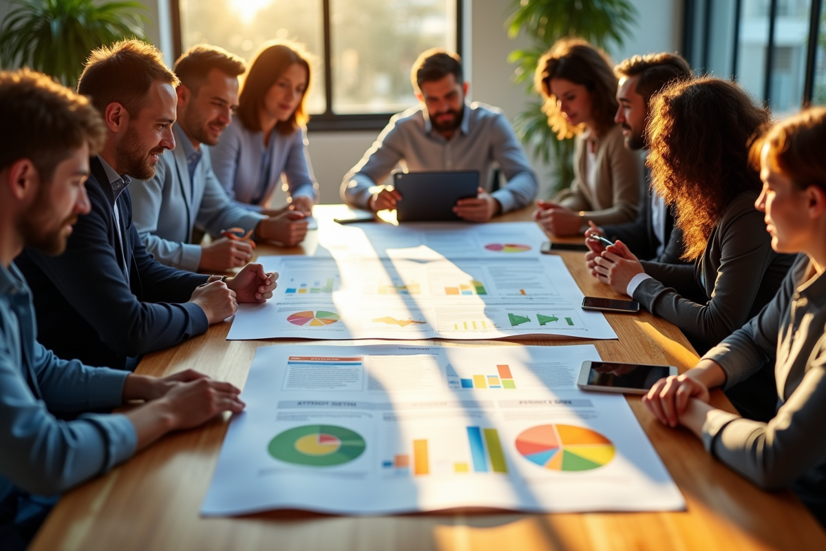 Equipe diverse analysant des graphiques SEO en réunion