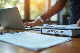 Espace de travail professionnel avec documents financiers et ordinateur