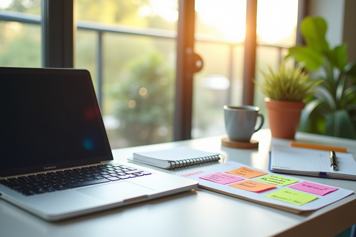 Espace de travail moderne avec ordinateur et notes colorées