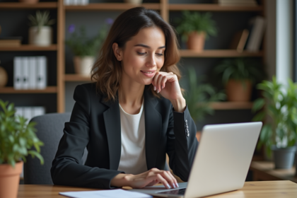 Femme d'affaires concentrée sur son ordinateur dans un bureau moderne