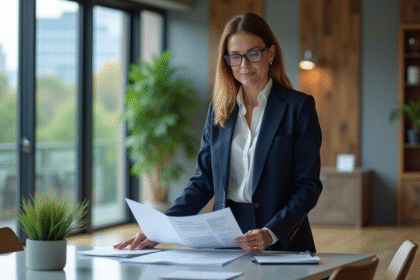 Femme d'affaires en costume bleu examinant des rapports durables