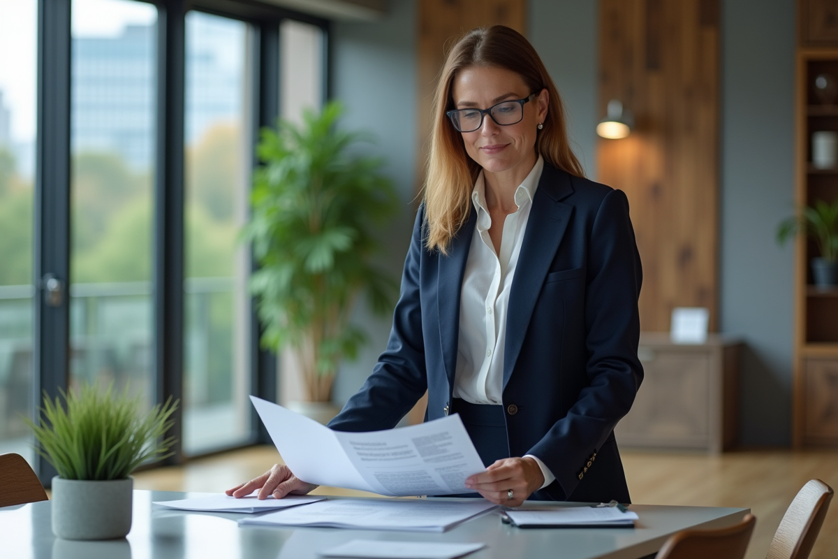 Femme d'affaires en costume bleu examinant des rapports durables
