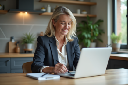 Femme d'âge moyen en blazer souriante à la maison