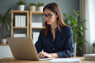 Femme au bureau en train de taper sur un ordinateur portable