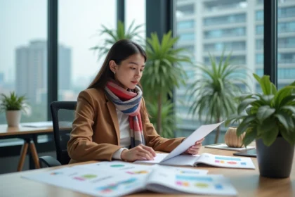 Jeune femme en bureau avec flyers et vue urbaine