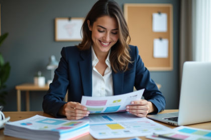 Jeune femme d'affaires examine des flyers colorés au bureau