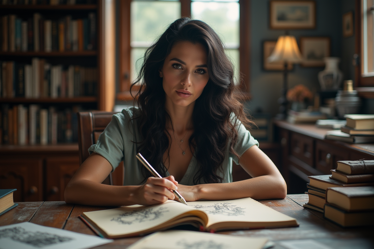 Femme mystérieuse assise à un bureau en bois entourée de livres