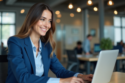 Femme d'affaires souriante dans un bureau moderne