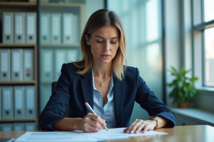 Femme professionnelle en bureau avec documents et city view