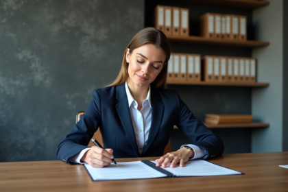 Femme professionnelle en costume bleu lisant des documents