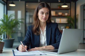 Femme en blazer bleu met à jour son CV au bureau