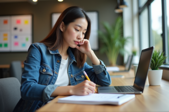 Jeune femme professionnelle analysant une stratégie sur son ordinateur