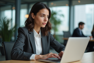 Jeune femme professionnelle travaillant sur un ordinateur en bureau