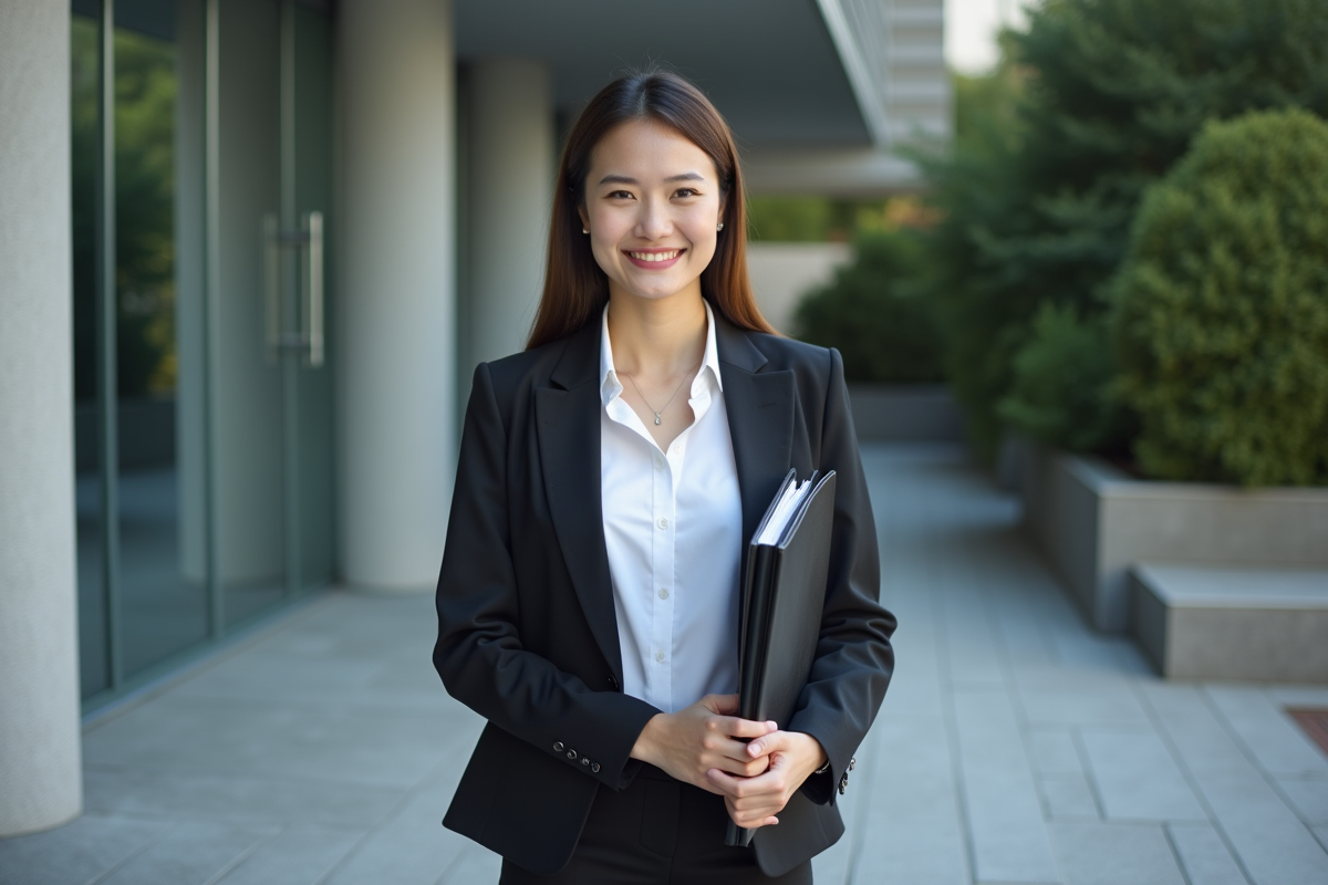 Femme d affaires souriante devant un bâtiment moderne