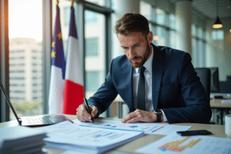 Fonctionnaire confiant dans un bureau moderne avec drapeau français