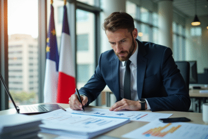 Fonctionnaire confiant dans un bureau moderne avec drapeau français