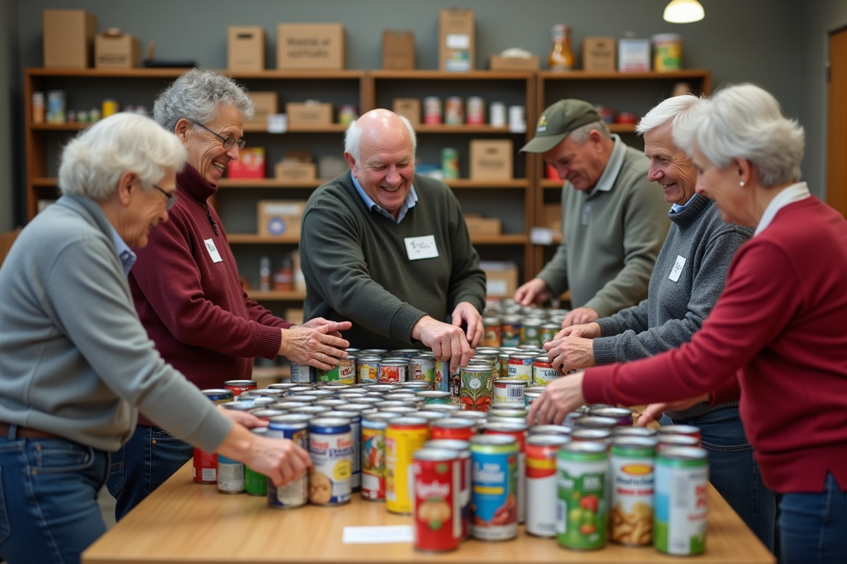 Groupe de bénévoles triant des dons alimentaires en centre communautaire