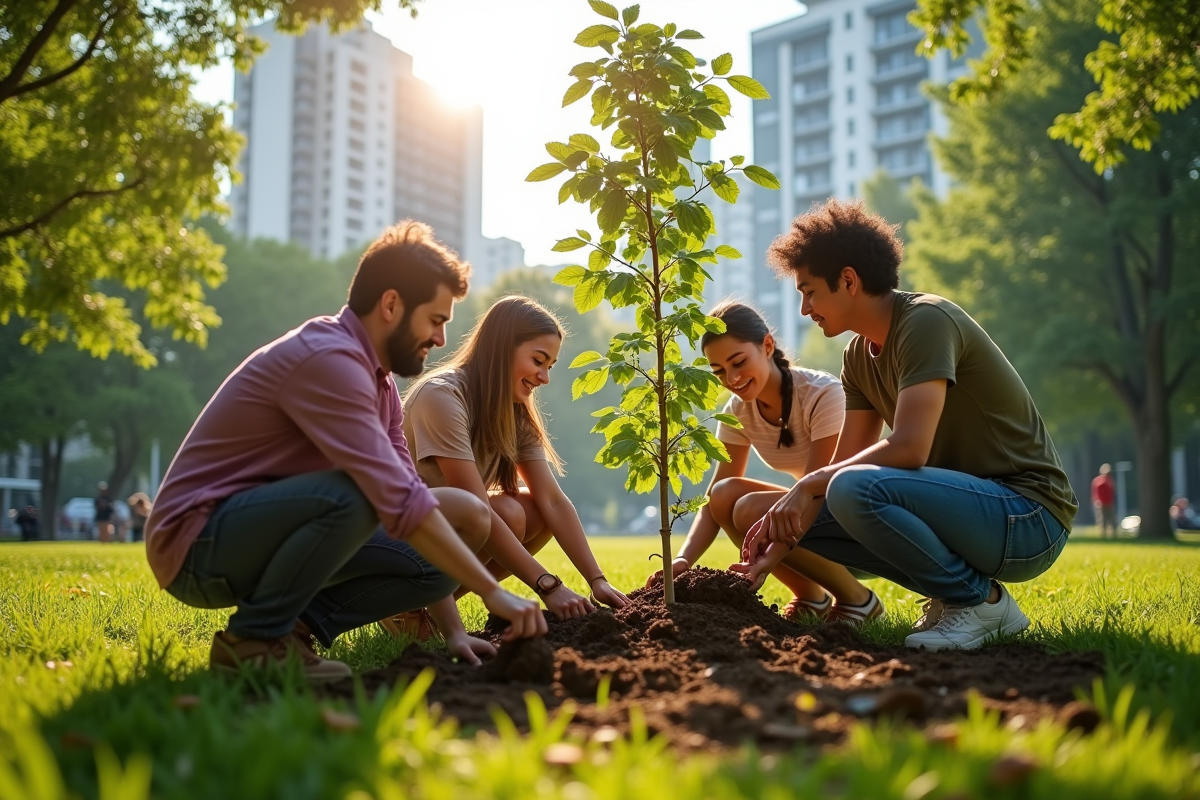 Groupe de personnes diverses plantant des jeunes arbres dans un parc urbain ensoleille